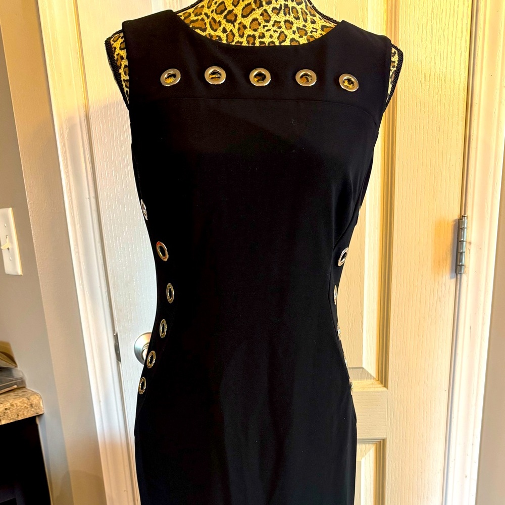 Joseph Ribkoff Black Mini Dress with Silver eyelet Accents